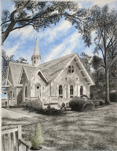 "Island Chapel" Print Matted to 16"x20" - Bruce Tarkington Drawings