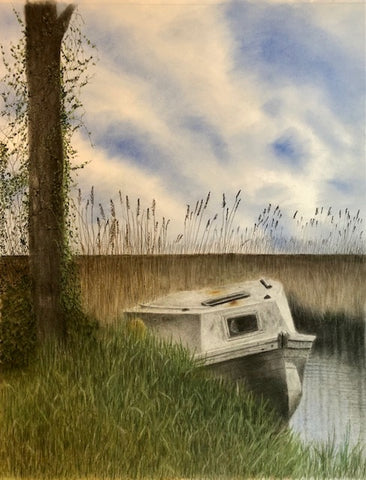 alone, a charcoal/pastel drawing of an abandoned boat close to the outer bsnks in mann’s harbor